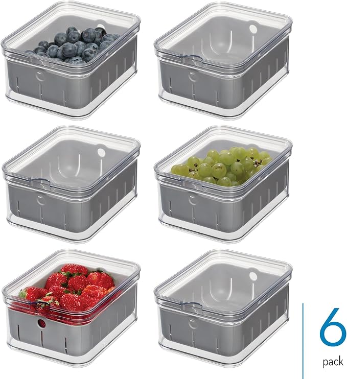 iDesign Small Fridge Berry Bin with Removable Colander Basket and Lid - Set of 6 - Clear/Gray - Image 2