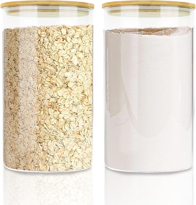 Large Glass Cereal Containers Storage with Airtight Bamboo Lids,Pantry Storage Container,Perfect for Kitchen Organization - Flour, Rice, Pasta, Sugar, Coffee Beans, Accessories Included,2 packs(168oz) by EQEYBRAND