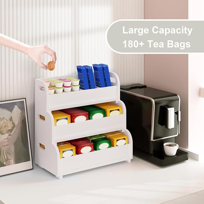 3-Tier Bamboo Tea Bag Organizer, Stackable Tea Holder for Countertop, White | Tea Box Shelf with Removable Dividers, Wall Mount Large Capacity Tea Organizers and Storage for Pantry Kitchen Office Bar - Image 3