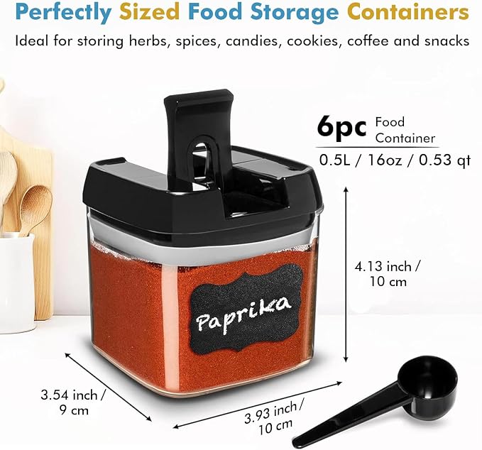 Shazo 6 PC Airtight Food Storage Containers + 6 Spoons Included - BPA Free Plastic Snack & Spice Containers with Easy Lock Lids - Kitchen and Pantry Organization for Herbs Coffee Tea - 0.5L / 2.1 Cup - Image 3