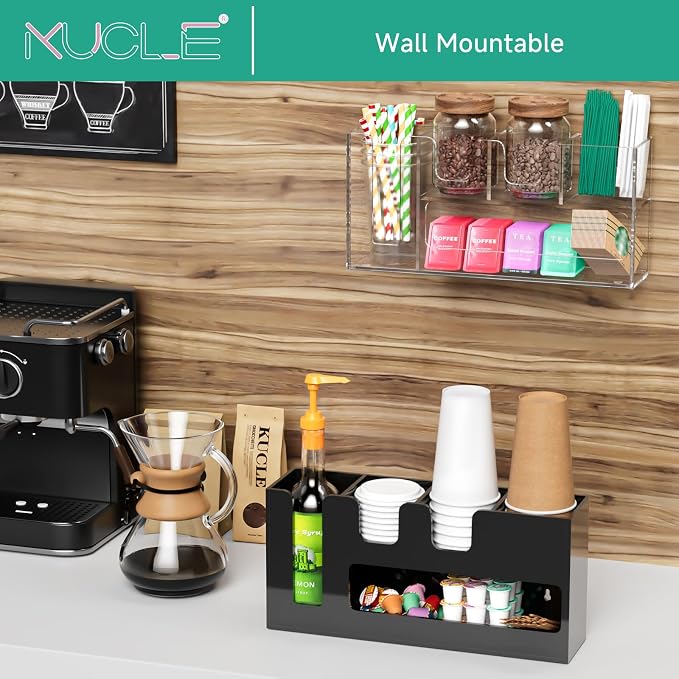 2-Tier Coffee Station Organizer for Countertop, 5 Compartments Clear Acrylic Cup and Lid Holder Tea Condiment Storage Upright Coffee Bar Organizer Pod Dispenser for Office Breakroom Home Kitchen - Image 2