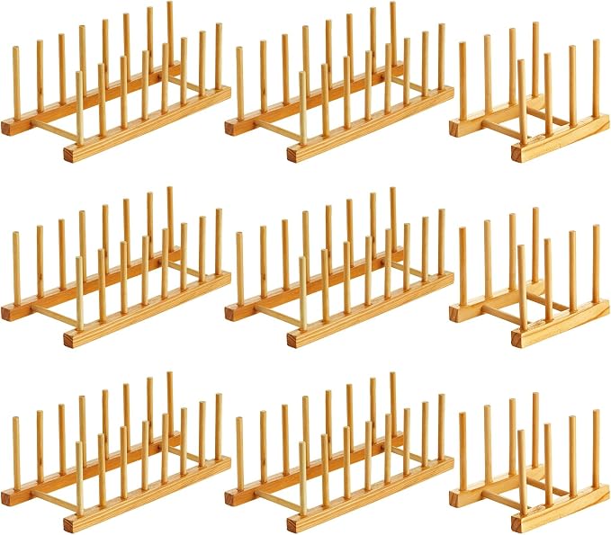 Zopeal 9 Pcs Bamboo Wooden Plate Racks Dish Rack Stand Holder 3/6/ 7 Slots Drainboard Drying Drainer Kitchen Cabinet Organizer for Dish Plate Bowl Cup Pot Lid Book by Zopeal