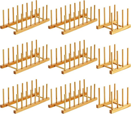 Zopeal 9 Pcs Bamboo Wooden Plate Racks Dish Rack Stand Holder 3/6/ 7 Slots Drainboard Drying Drainer Kitchen Cabinet Organizer for Dish Plate Bowl Cup Pot Lid Book by Zopeal
