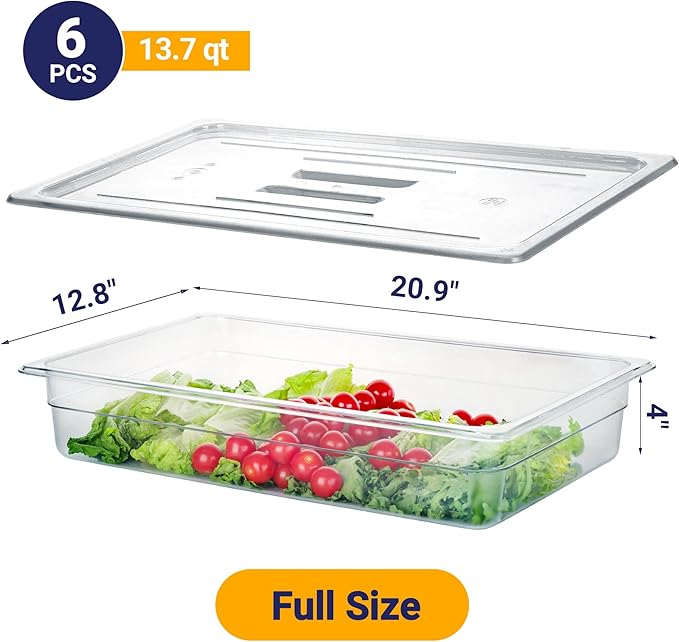 BIEAMA 6 Pack Full Size 4'' Deep NSF Polycarbonate Food Pans with Lids | Stackable clear containers for meal prep, buffet, salad bars, commercial & home kitchen; dishwasher safe and freezer safe - Image 2