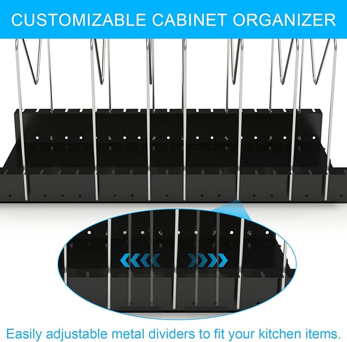 4 Adjustable Dividers Pull Out Pots and Pans Organizers | Optional Dividers Sliding Pot Lid Holder in Kitchen and Slide Out Cabinet Storage of Lids, Bakewares and Pots - Image 7