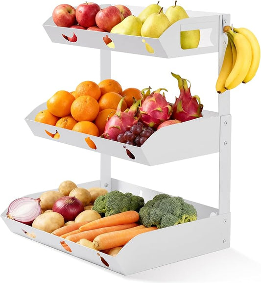 GOENDR Fruit Basket for Kitchen Counter – 3 Tier Metal Fruit Bowl with Banana Hanger, Convertible to 2 Tier, Large Capacity Countertop Organizer for Fruit Vegetables Bread Snack Produce Storage by GOENDR
