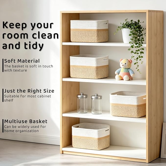 4 Pack Storage Baskets for Organizing, 11''Lx9''Wx8''H Woven Baskets for Storage Toys, Towels, Books, and Clothes, Cotton Rope Basket for Shelves with Handle - Image 5