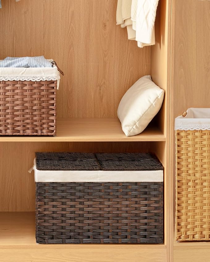 SETVSON Storage Basket with Lid PE Rattan Storage Basket 105L, Brown | 27.8 Gal Storage Bin with 2 Separate Lids, 2 Removable Liners for Clothes & Blankets, Sturdy Metal Frame, PE Rattan - Image 7