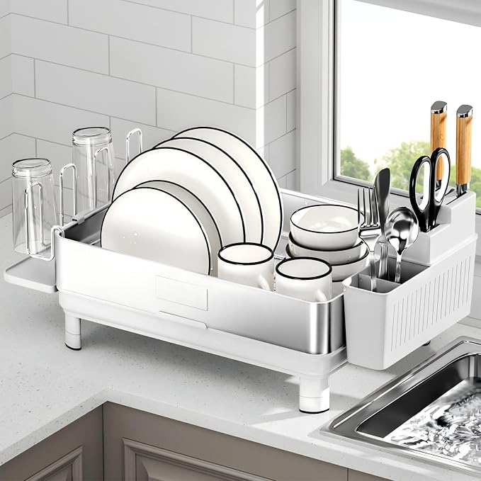 Dish Drying Rack, 304 Stainless Steel Dish Racks for Kitchen Counter | Dish Drainers with Automatic Drainage, Utensil Holder & Cups Holder, Space Saving Kitchen Organizer, White - Image 8
