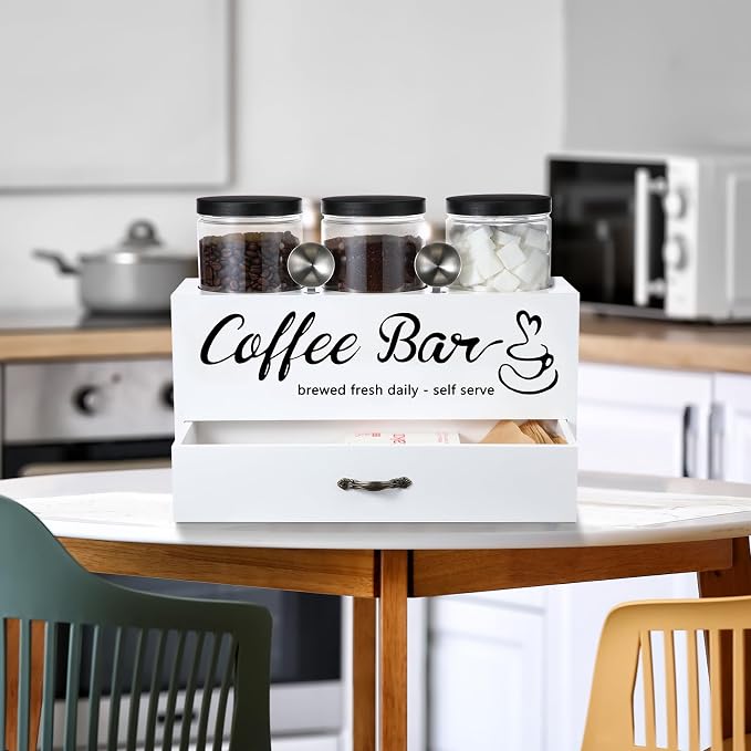3 Pcs Coffee Bar Containers Set Include Coffee Sugar Container with Lid and Spoon and Double Layer Storage Box with Drawer for Bar Kitchen Countertop(White) - Image 4