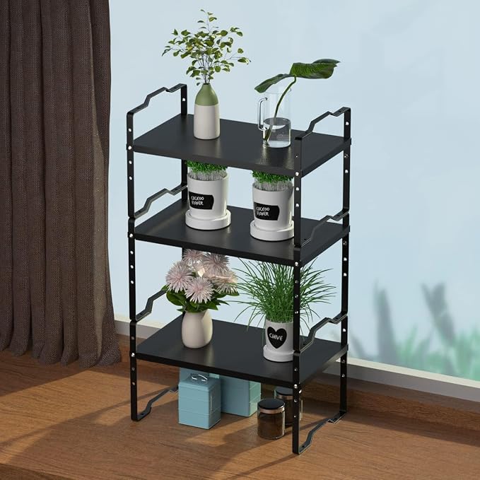 Jojocross Expandable Shelf for Cabinet Organizer Adjustable and Stackable Spice Rack at Kitchen and Bathroom More, Counter Countertop Cupboard Organization Pantry Storage(LARGE/3PACKS/BLACK) - Image 2