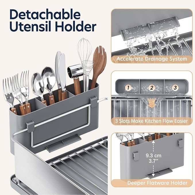 KINGRACK Stainless Steel Dish Drying Rack with Cup Holder for Counter, Grey | 16.9"L x 12.4" W Dish Rack with Spacious Drying Capacity, Quick Auto Dish Drainer for Plate Dish Dinnerware，Sliver - Image 7