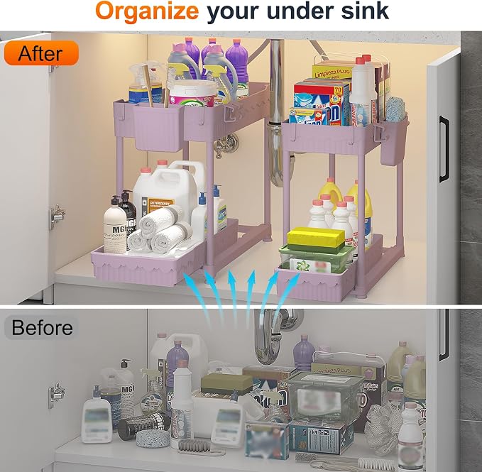 4-Pack 2-Tier Under Sink Organizer with Pull Out Drawers | Multi-use kitchen & bathroom storage. Includes hanging hooks and cups. Pink, space-saving cabinet design. 14.8 Inch - Image 4