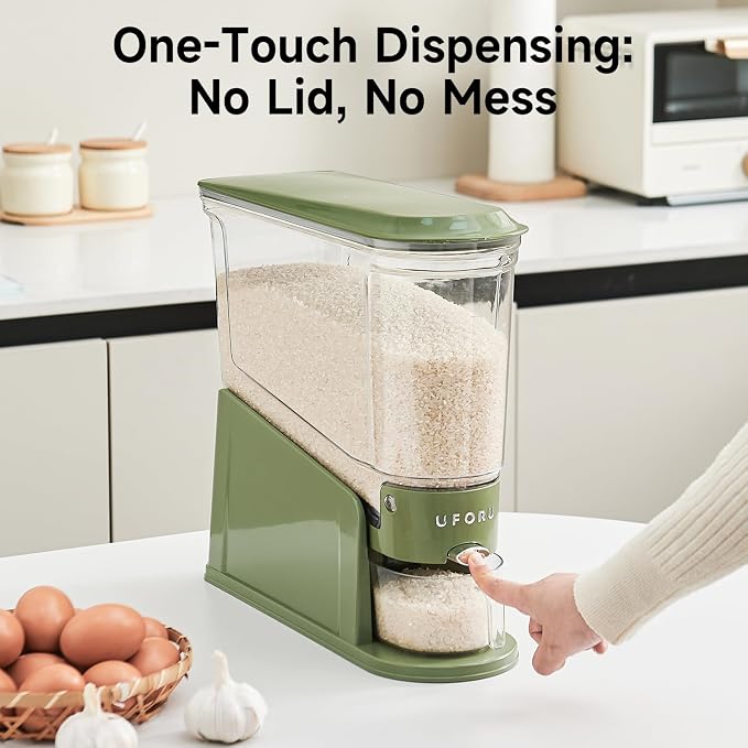 UFORU Slim Rice Dispenser 22 LB,Clear Rice Storage for Small Spaces | Green,BPA-Free Sealed Design for Rice, Grain and Cereal,Rice Container Fits Narrow Pantry Shelves and Countertops - Image 7
