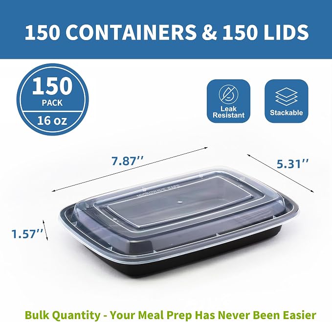 16oz Meal Prep Containers, 150 Sets Disposable Food Storage Boxes with Lids | Small, Single Compartment, Leakproof Lids, BPA Free, Microwave Freezer Safe, Plastic To Go Bento Boxes for Lunch Takeout - Image 2