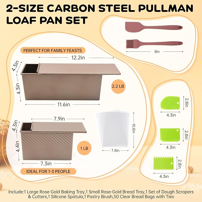 2 Pcs Pullman Loaf Pan with Lid, 2.2LB & 1LB Non-Stick Bread Pan, Carbon Steel Loaf Pans with Silicone Spatula & Oil Brush, Baking Pans Set for Homemade Bread, Square Toast Mold for Sourdough Bakeware - Image 2