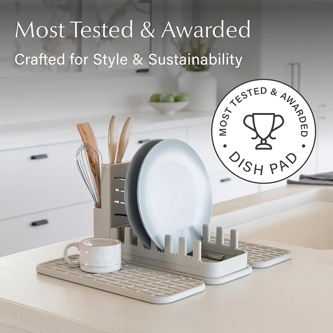 Dorai Home Collapsible Dish Drying Rack with Stone Dish Pad - Kitchen Counter Set with Diatomaceous Earth Stone Dish Mat for Quick Drying - Space-Saving Design - Original 19.9"x15.2", Sandstone - Image 6