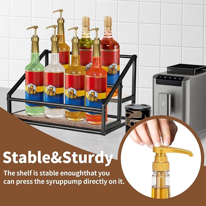 YQBRAO 2-Tier Coffee Syrup Organizer, 8-Bottle Rack, Rustic Brown | Holds up to 8 bottles in two raised rows for coffee bars, kitchens, counters, and beverage stations. - Image 5