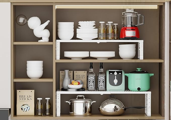 Jojocross Expandable Cabinet Shelf Organizer Storage Spice Rack Shelves for Kitchen Stackable Adjustable Pantry Cupboard Bathroom Countertop Desktop(2Packs/White/Medium-with Hole) - Image 3