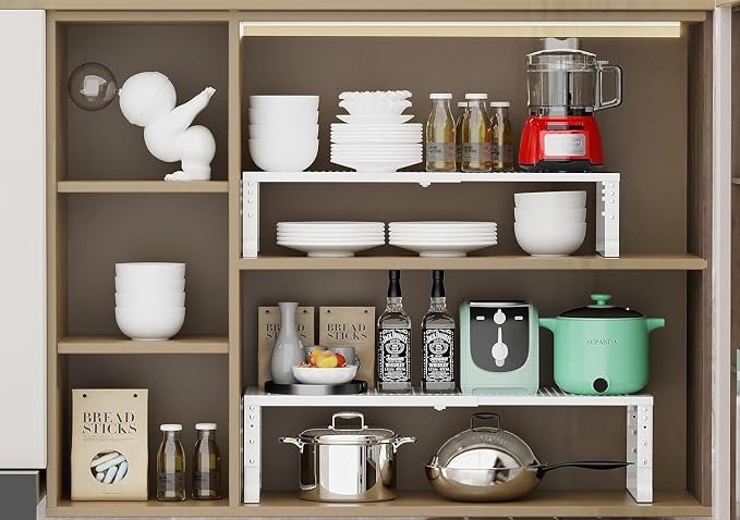 Jojocross Expandable Cabinet Shelf Organizer Storage Spice Rack Shelves for Kitchen Stackable Adjustable Pantry Cupboard Bathroom Countertop Desktop(1Pack/White/Medium-with Hole) - Image 4