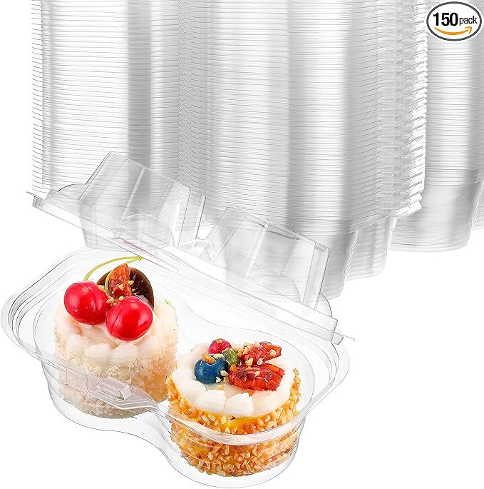 Eaasty 150 Pcs 2 Compartment Plastic Cupcake Containers Disposable Deep Cupcake Carrier Holder Box with Lids Stackable Clear Dessert Container for Muffin Pies Weddings Birthday Party by Eaasty