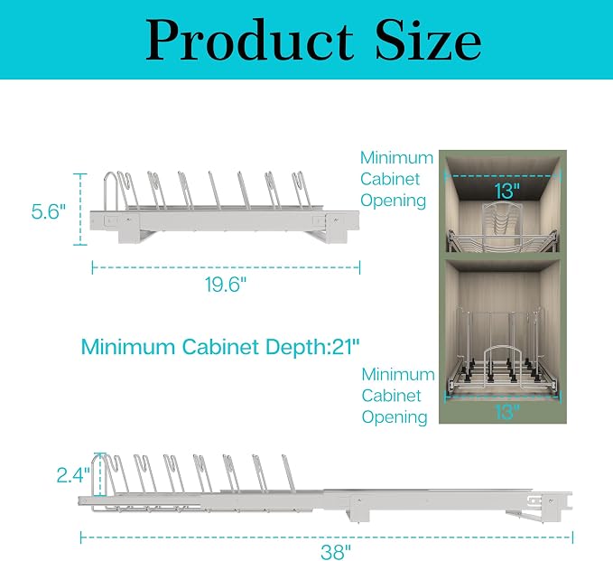 Slide Out Pan and Pot Lid Organizer For Under Cabinet, Wire Dividers Kitchen Pull Out Pot Lid Rack Organization And Storage, Full-Extension Rail, 12" W X 20" D - Image 2
