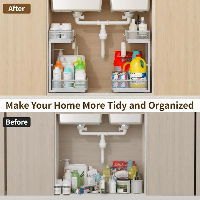 Under Sink Organizer 2 Pack, 2-Tier Slide Out Cabinet Organizer with Metal Sliding Drawer and Hooks, Pull Out Storage Baskets for Kitchen Bathroom Pantry Cabinet Organization (grey) - Image 7