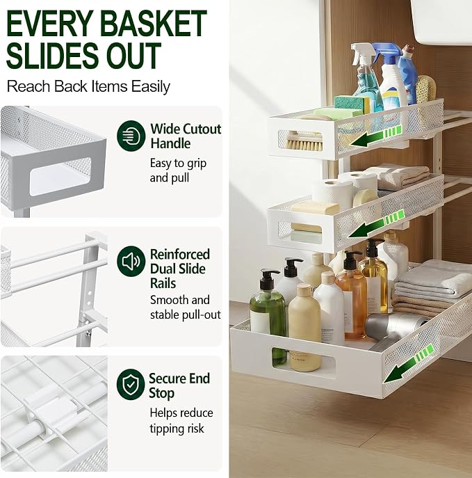 3 Tier Under Sink Organizer,2 Pack Pull Out Cabinet Shelves with Adjustable Height,Heavy Duty Carbon Steel L-Shaped Storage for Kitchen Bathroom Sink,Pantry & Laundry,White - Image 2