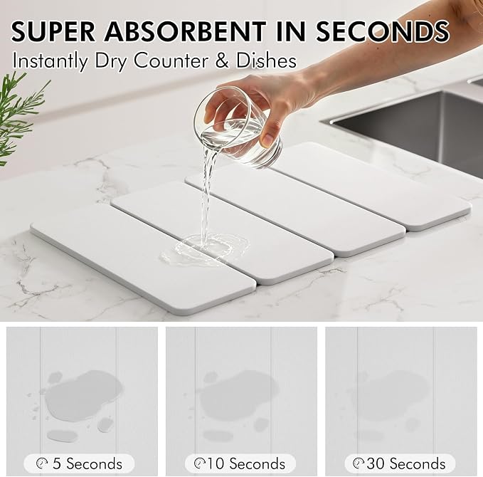 2-in-1 Stone Dish Drying Mat and Bamboo Dish Rack Combo, 24x16 Inch Super Absorbent Fast Dry Diatomaceous Earth Dish Drying Mat, Foldable Space Saver for Kitchen Counter Bathroom Apartment - Image 3