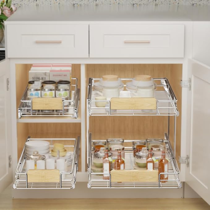 LOVMOR 2 Tier Pull Out Cabinet Organizer 16½" W x 21½" D, Slide Out Drawers with Wooden Handle, Sliding Shelves Organization and Storage for Kitchen, Pantry - Image 2