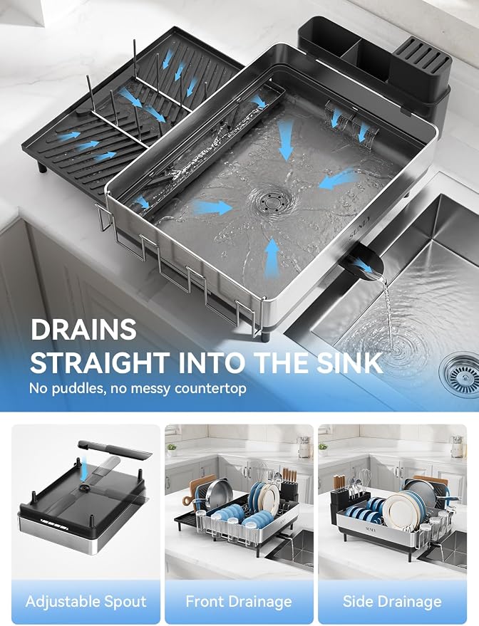 Large Dish Drying Rack, Expandable Dish Rack for Kitchen Counter, 304 Stainless Steel Space Saving Dish Drainer with Multifunctional Flip Up Pegs - Image 6
