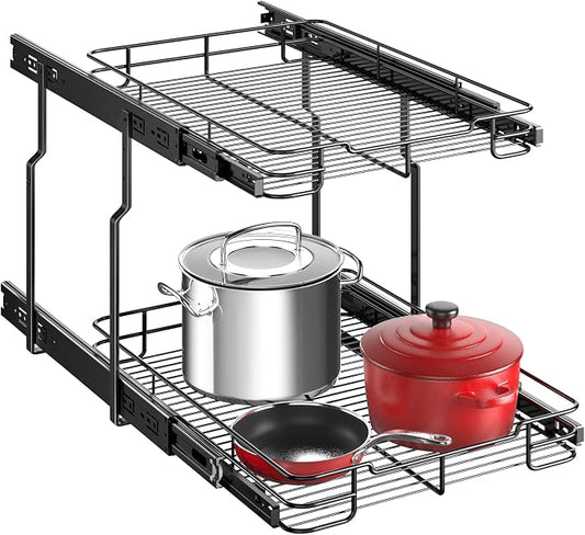 Delamu Pull Out Cabinet Organizer 2-Tier 14" W x 21" D Heavy Duty Chrome-Plated Slide Out Drawers, Kitchen Drawer Organizer Pull Out Shelves for Pots & Pans, Home Pantry Cans & Spices, Black by DELAMU