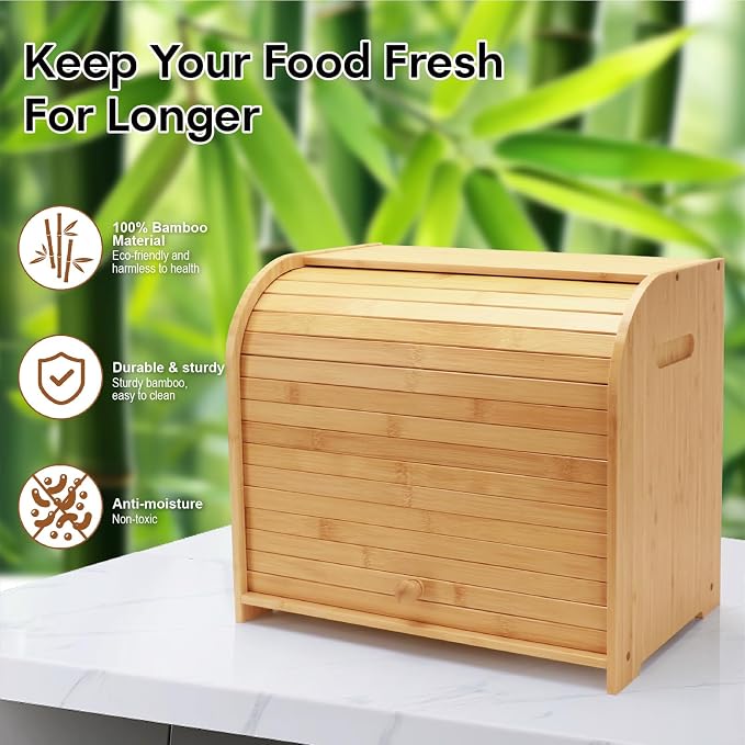 Bread Box for Kitchen Countertop, Double Layer Bamboo Bread Storage Container for Homemade Bread, Roll Top Bread Box with 3 Adjustable Height for Kitchen Counter, Natural Breadbox Organizer | 3 Adjustable Height, Large Capacity, Bamboo Bread Storage Co... - Image 6