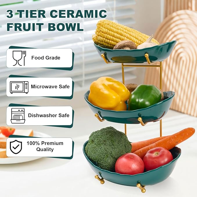 3 Tier Ceramic Fruit Bowl for Kitchen Counter | Tiered Fruit Basket for Countertop, Serving Tray for Food, Vegetable, Cake, Dessert in Party(Dark Green) - Image 4