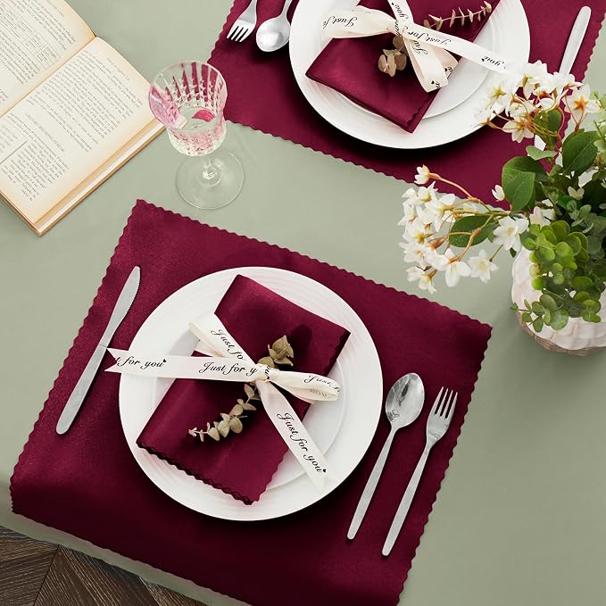 VACVELT 100 Pack Burgundy Scalloped Satin Napkins 17x17 Inch Wedding | Scalloped Floral Edges With Silky Smooth Finish, Seamless Design, Machine Washable Wrinkle And Fade Resistant - Image 3