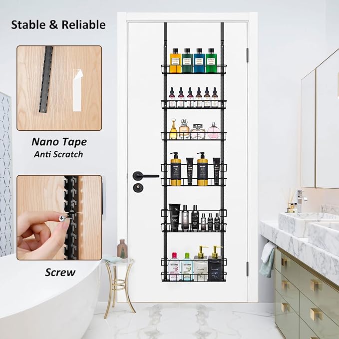 Churboro 6 Tier Over Door Pantry Organizer, 2-in-1 Adjustable Spice Rack | Metal Pantry Door Organizers and Storage, Hanging or Wall Mount Shelves with 9 Adjustable Baskets, 3 Safety Bars, Black - Image 5