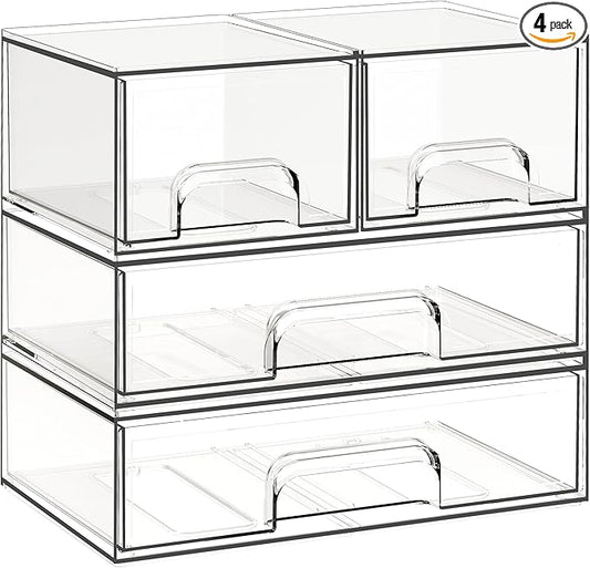 Stackable Storage Drawers, 4 Pack Clear Plastic Makeup & Bathroom Organizer, Versatile Storage Bins for Vanity, Under Sink, Kitchen Cabinets & Pantry by Criusia