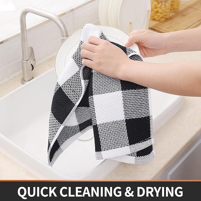 Homaxy Kitchen Towels and Dishcloths Set, Set of 16, White & Black | Bulk Cotton Waffle Weave Check Plaid Kitchen Towels, Super Soft and Absorbent Dish Cloths, 12 x 12 and 13 x 28 Inches - Image 4
