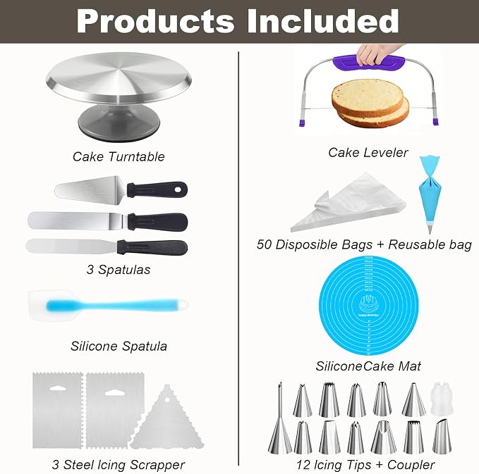 Cake Decorating Supplies Kit with 12" Aluminum Rotating Cake Turntable Stand, Professional Baking Tools, Cake Leveler, Spatulas & Scrapers, Complete Kit for Birthday & Wedding Cakes(74Pcs) - Image 2