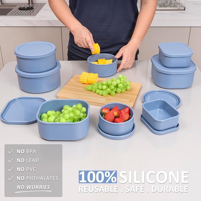 100% Silicone Food Storage Containers with Lids, 8 Pack, 10oz to 51oz, Reusable Leakproof Nesting & Stackable Silicone Bento Lunch Box, Microwave Freezer Dishwasher Oven Safe, BPA Free, Slate Blue - Image 2