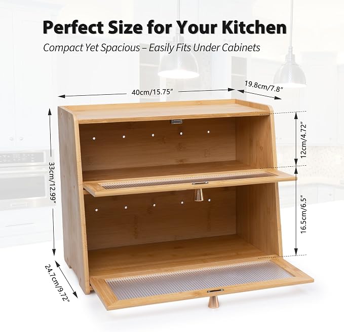 Bamboo Bread Box with golden knobs breadbox for Kitchen Countertop Double Layer Wooden Breadbox Vitamin Bottle Organizer Supplement Bottle Organizer Non-Toxic & Food-Safe (Assembly needed) - Image 4