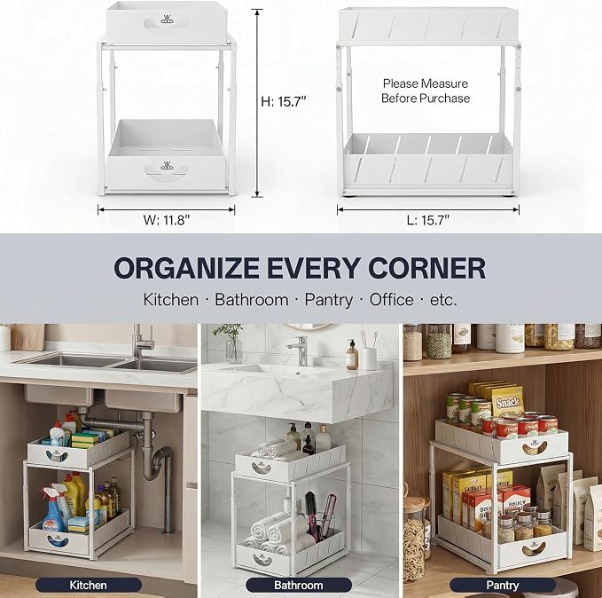 Adjustable Under Sink Organizer, 2 Tier Under Sink Organizers and Storage,Slide Out Metal Cabinet Organizers, Pull Out Cabinet Storage Drawer Shelf for Kitchen Bathroom (1, white) - Image 6