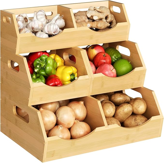 Onion Storage Bins Potato, 3 Tier Bamboo Pantry Storage Bin Stackable Ventilated Kitchen Organizer for Pantry, Countertop, Bathroom, Space-Saving, Easy Access Handle Natural Brown(Assembly Required) by Unknown