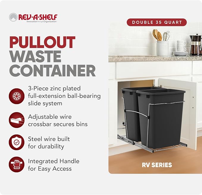 Rev-A-Shelf Double Pullout Garbage Trash Cans for Kitchen Cabinets, 35 Qt | Large Capacity Waste/ Recycling Bins, Heavy Gauge Wire Construction, with Full Extension Slides, Black, RV-18KD-18C S - Image 2
