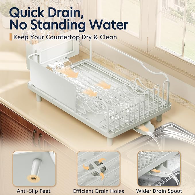 KINGRACK Dish Drying Rack for Kitchen Counter, Dish Drainer with Cup Holder | 16.9"L x 12.4" W Dish Rack with Spacious Drying Capacity, Quick Auto Dish Drainer for Plate Dish Dinnerware, Pale Green - Image 5