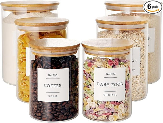 CZZGSM Set of 6 Glass Flour and Sugar jars with 132 Kitchen Pantry Labels - Thicken Large Glass Storage containers with Airtight Bamboo Lid - Rice Canisters for Salt Coffee - 100OZ/54OZ/27OZ by CZZGSM