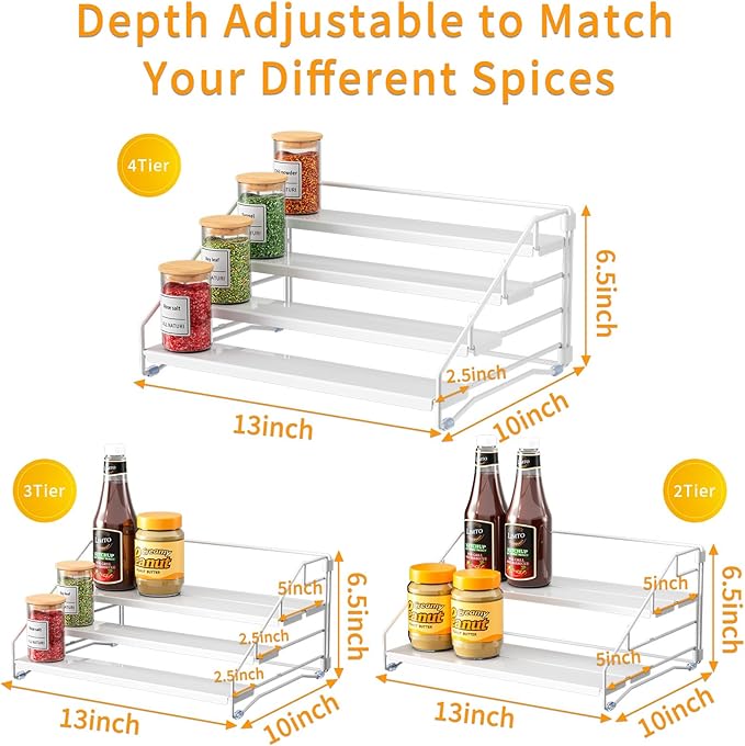 Spice Rack Organizer for Cabinet, Depth Adjustable 4 Tier Spice Rack,1 Pack | White, Metal Spice Organization for Cabinet, Easy Visibility, Tiered Spice Rack Perfect for Cabinet, Pantry and Countertop - Image 6