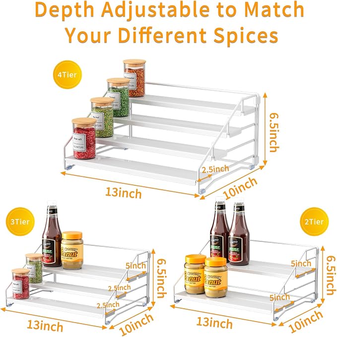 Spice Rack Organizer for Cabinet, Depth Adjustable 4 Tier Spice Rack,1 Pack | White, Metal Spice Organization for Cabinet, Easy Visibility, Tiered Spice Rack Perfect for Cabinet, Pantry and Countertop - Image 6