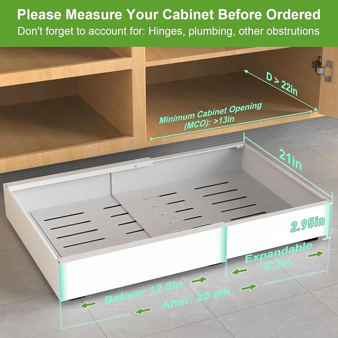 Expandable Pull Out Cabinet Organizer, 3 Full Extension Glides Slide Out Drawers, Roll Out Shelves Adhesive Raising Pad, Compatible Framed Cabinets (21" D x 12.2"-20.5" W(4Pack) White) - Image 2