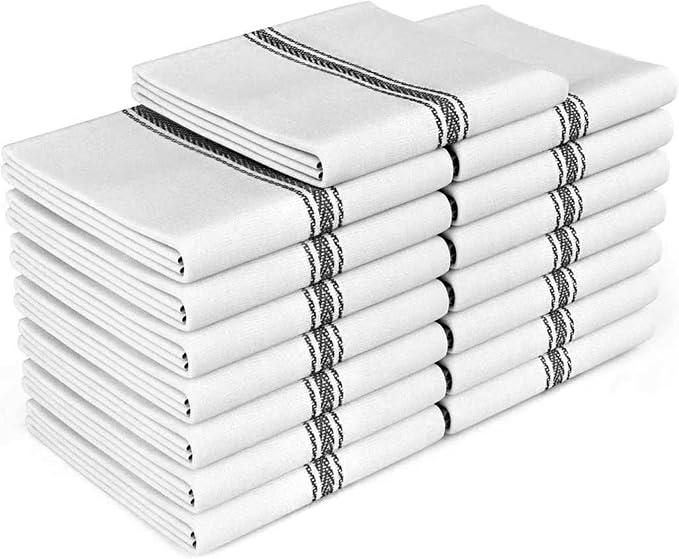 Zeppoli Classic Kitchen Towels - 15 Pack 100% Natural Cotton Kitchen Towel Set, Reusable Wash Cloths, Absorbent Dish Towels, Machine Washable Hand Towels, Kitchen Essentials, 14” x 25”, Black Striped by Zeppoli